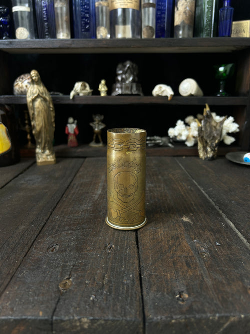 1937 British Trench Art Shell Case – Hand-Engraved Memento Mori Skull & Crossbones