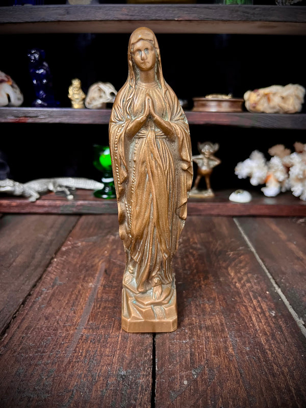 Heavy Early 20th Century Our Lady of Lourdes Statue – Solid Bronze/Brass Catholic Devotional Figure, c.1900–1935