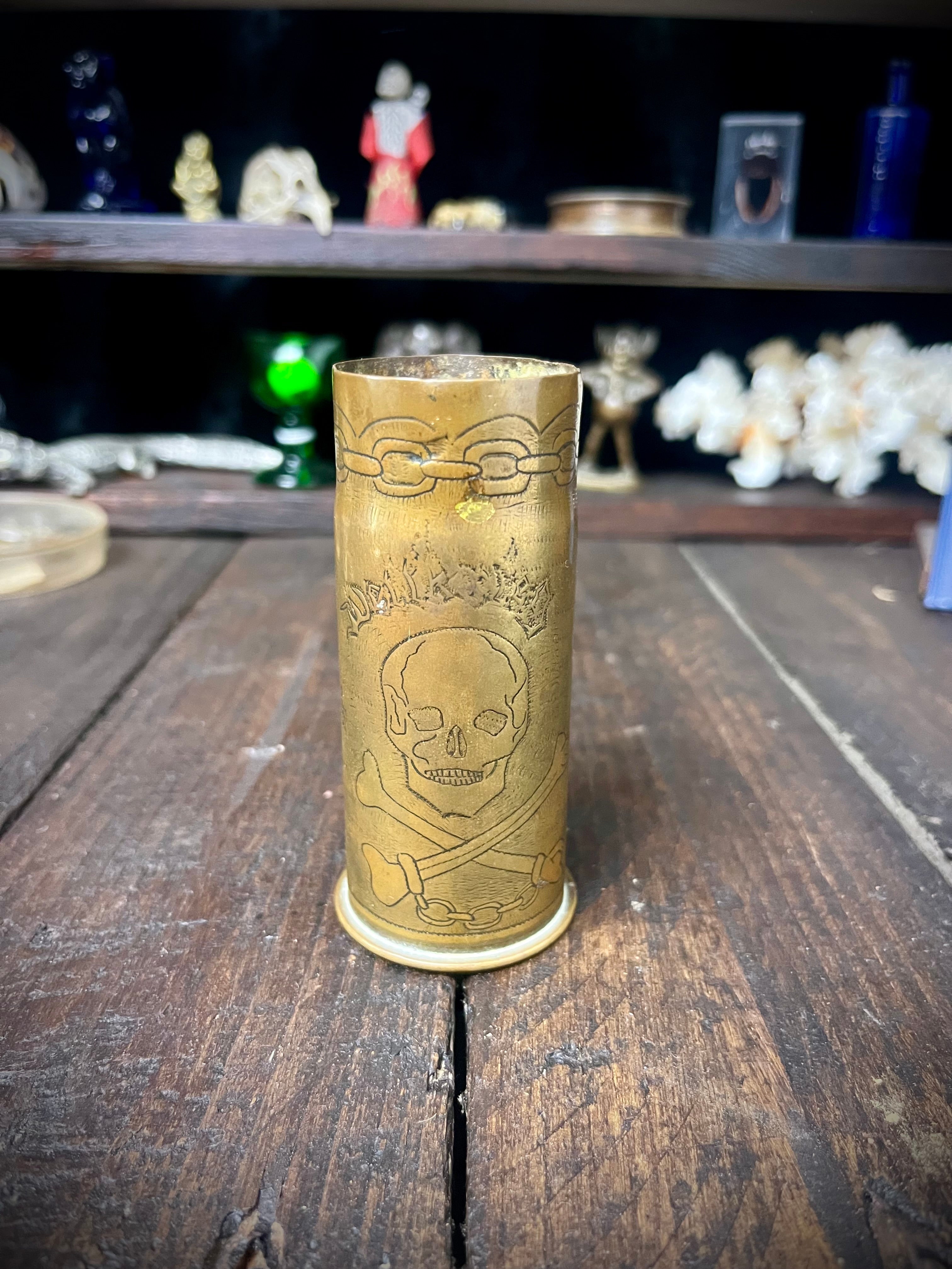 1937 British Trench Art Shell Case – Hand-Engraved Memento Mori Skull & Crossbones