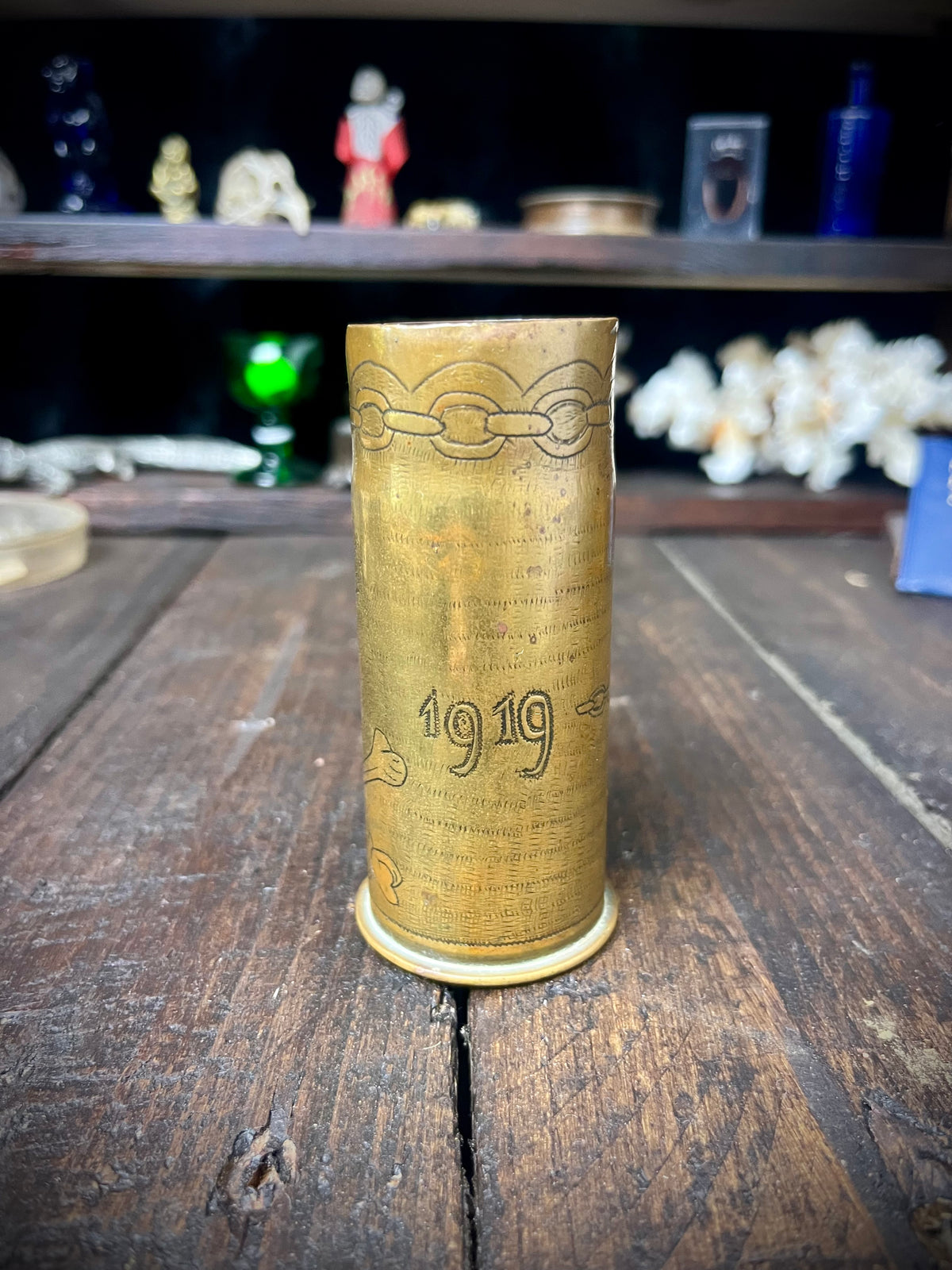 1937 British Trench Art Shell Case – Hand-Engraved Memento Mori Skull & Crossbones