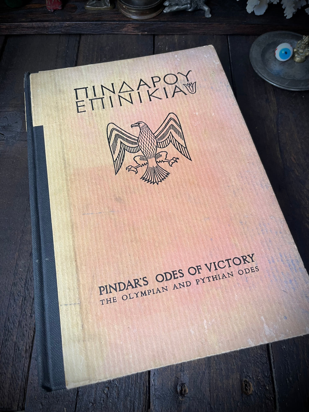 Front cover of Pindar’s Odes of Victory, 1928 edition, with eagle design and black cloth spine.